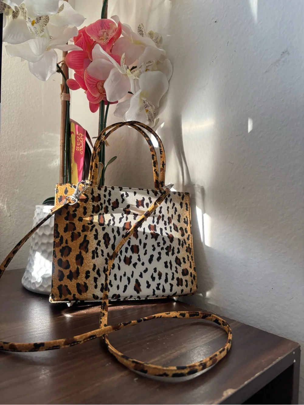 Leopard Print Crossbody Bag - White and Brown Animal Print